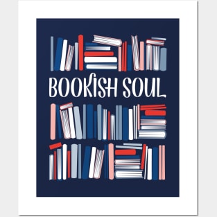 Bookish soul // oxford navy blue bookshelf background neon red flesh coral white classic and pastel blue books Posters and Art